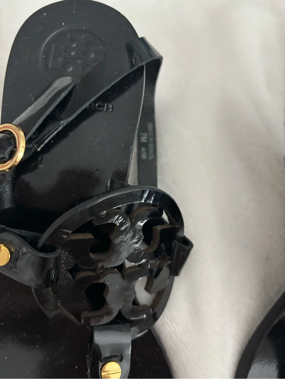 Tory Burch Black Patent Logo Thong Sandals with Gold Hardware